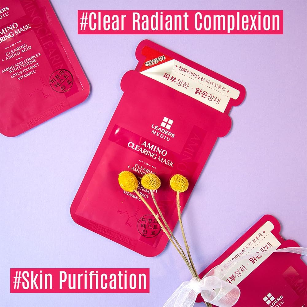 Leaders Mediu Amino Clearing Sheet Mask targets acne scars for a clearer complexion.
