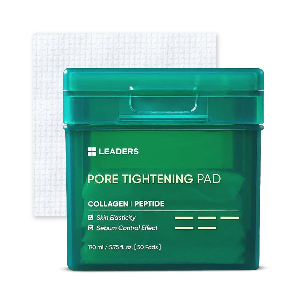 LEADERS Pore Tightening Toner Pad packaging close-up, vegan-certified formula for gentle pore care.