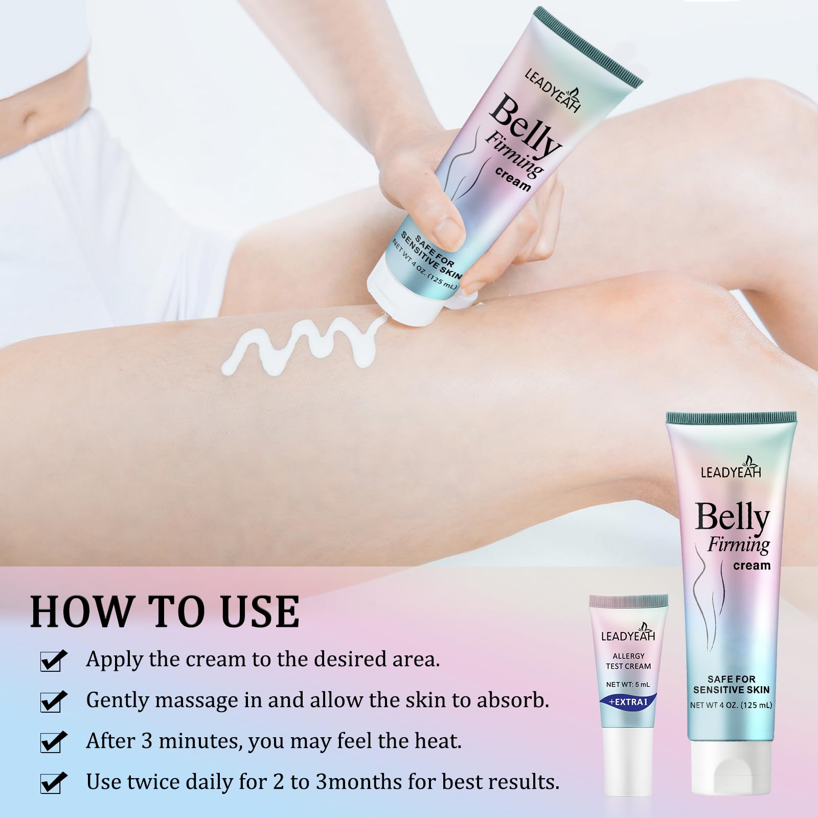 Leadyeah B Flat Belly Firming Cream packaging box close-up.