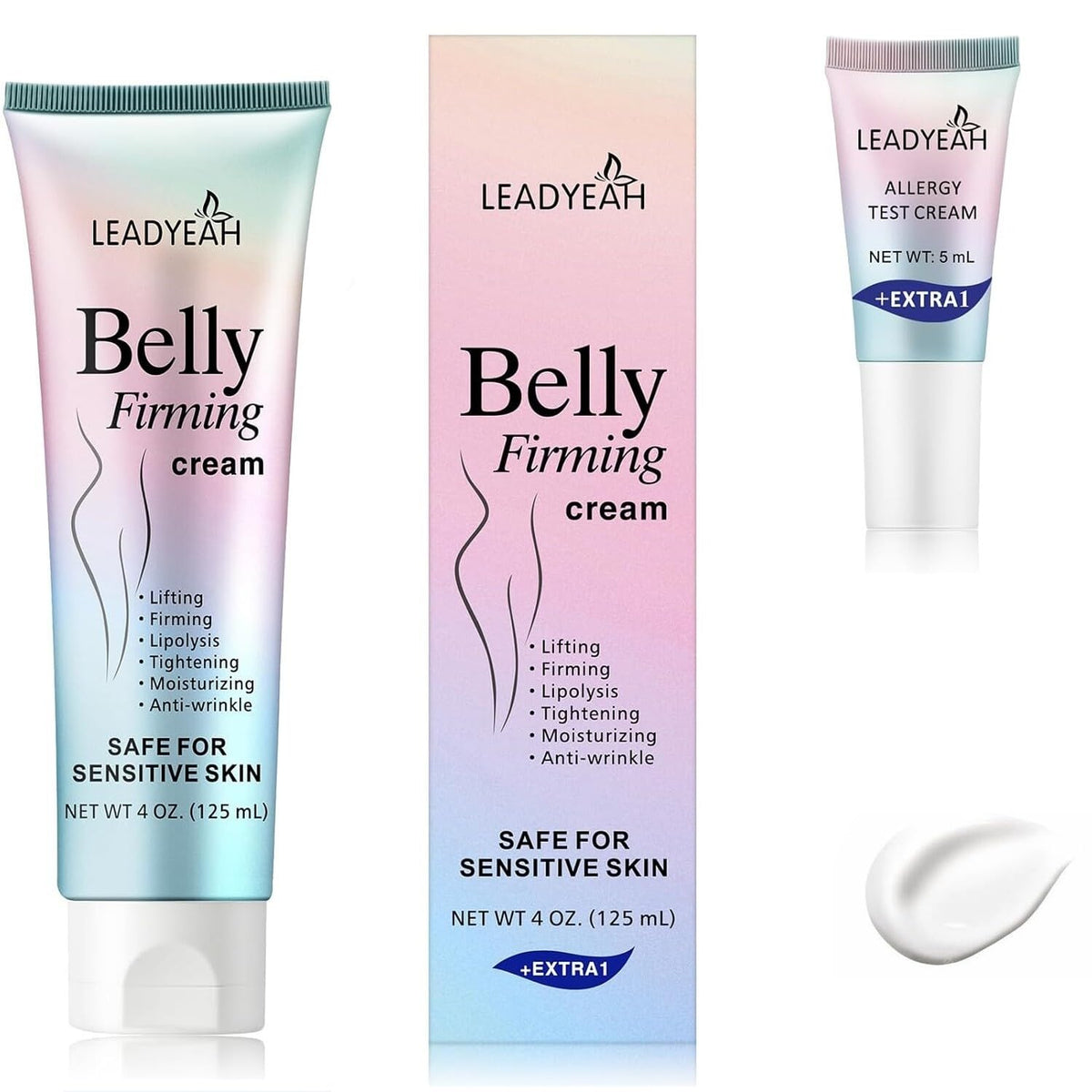 Leadyeah B Flat Belly Firming Cream tube showing smooth texture for firming and hydration