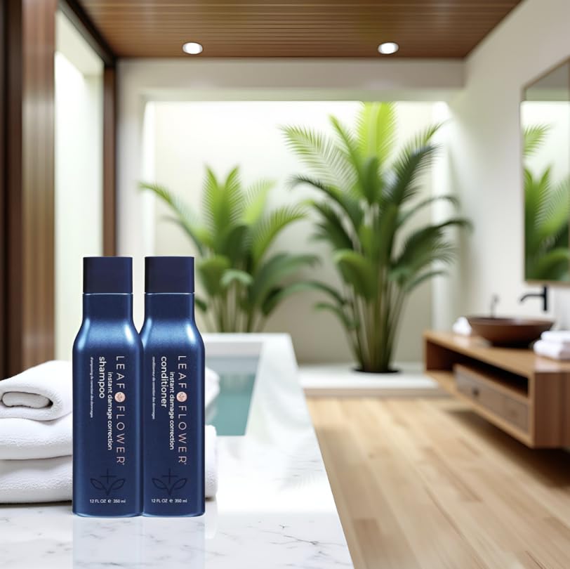 Leaf & Flower conditioner duo in blue packaging bottle delivers lasting hydration.