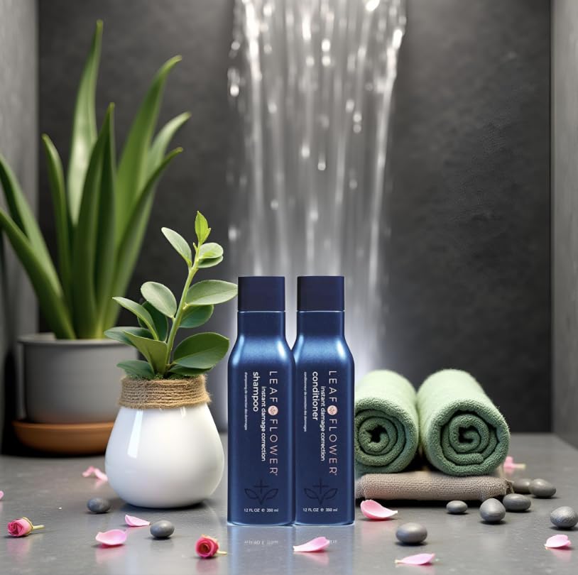 Leaf & Flower shampoo and conditioner sets on display with blue packaging.