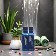 Leaf & Flower shampoo and conditioner sets on display with blue packaging.