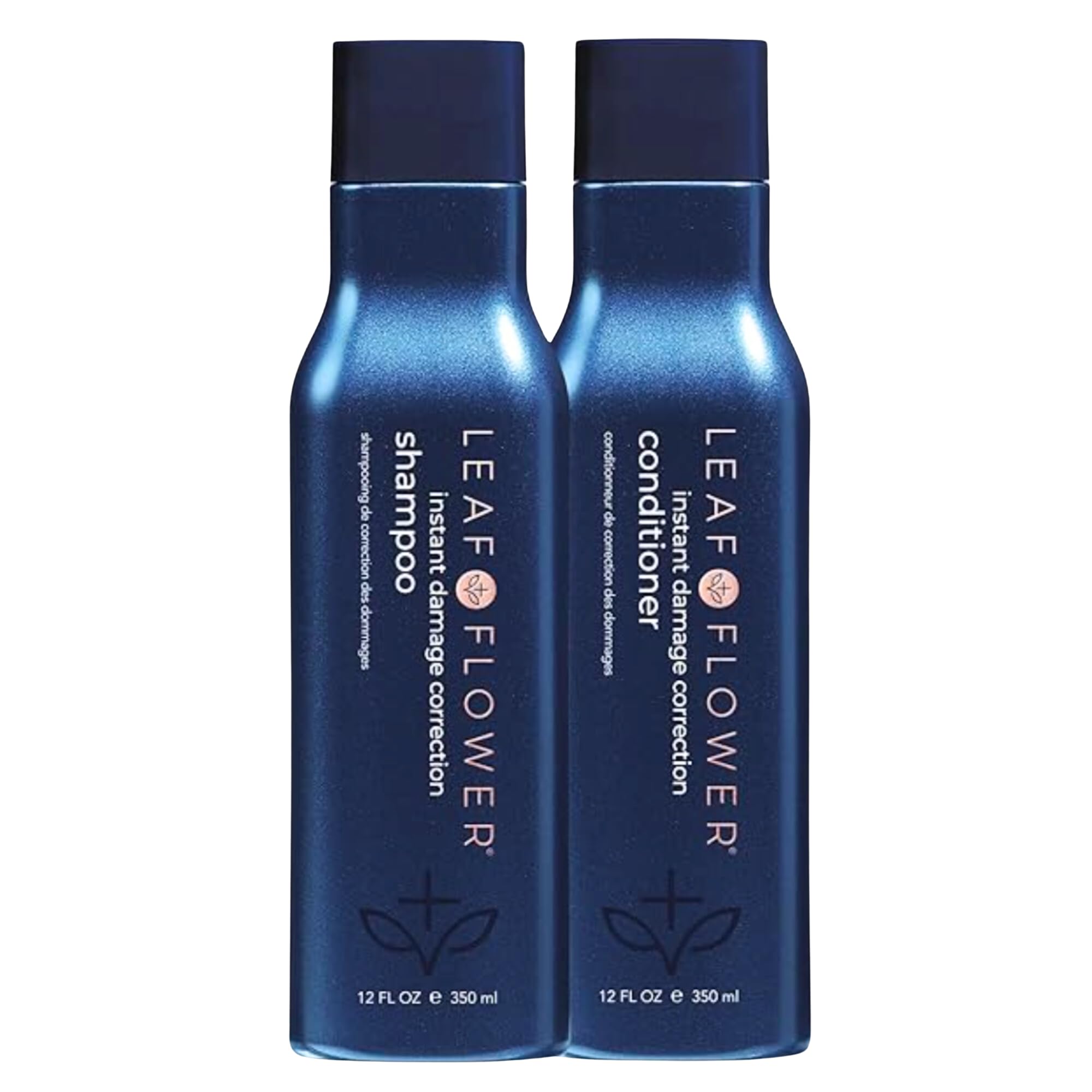 Leaf & Flower shampoo duo in blue packaging bottle cleanses gently while preserving moisture.