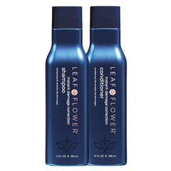 Leaf & Flower shampoo duo in blue packaging bottle cleanses gently while preserving moisture.