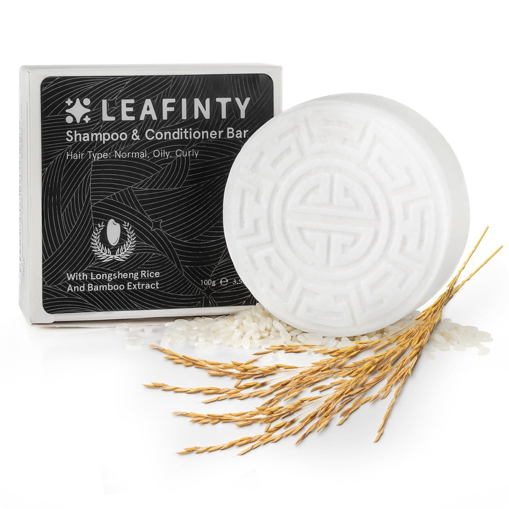 Leafinty Rice Water Shampoo Bar packaging shows eco-friendly, plastic-free design for sustainable routines.