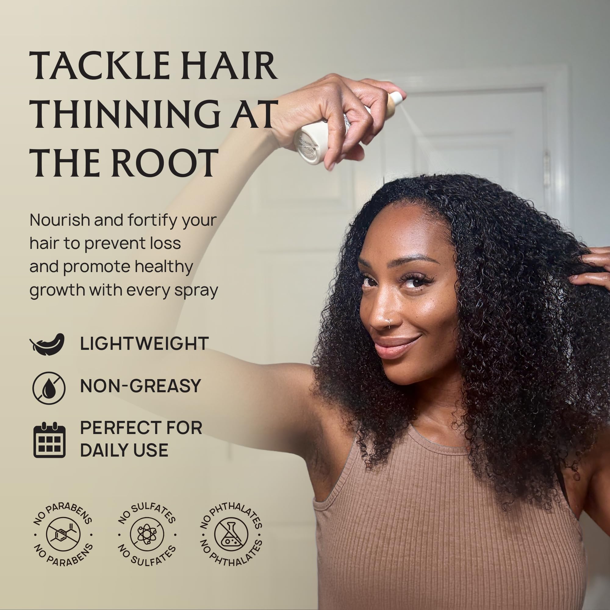 Lebanta Hair Growth Oil Spray mist on scalp demonstrates easy daily nourishment for fuller, shinier strands.