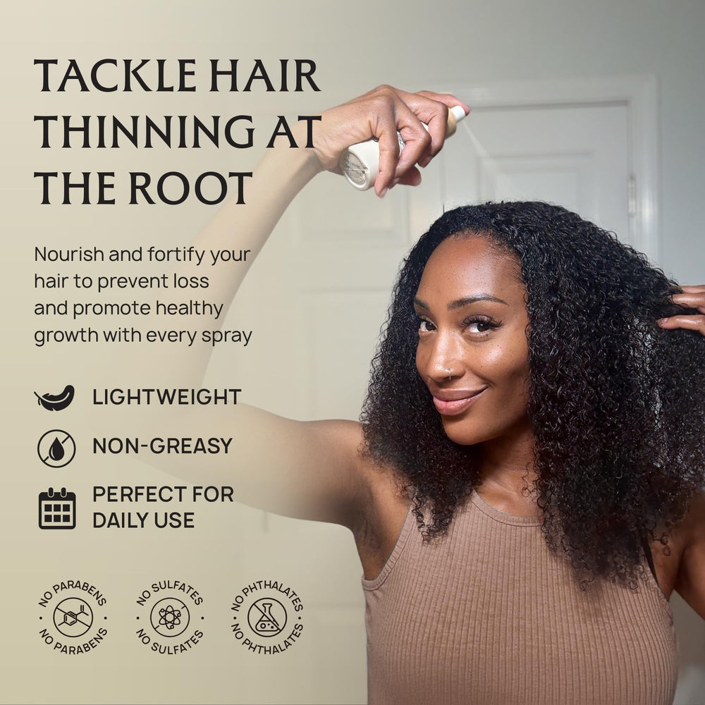 Lebanta Hair Growth Oil Spray mist on scalp demonstrates easy daily nourishment for fuller, shinier strands.