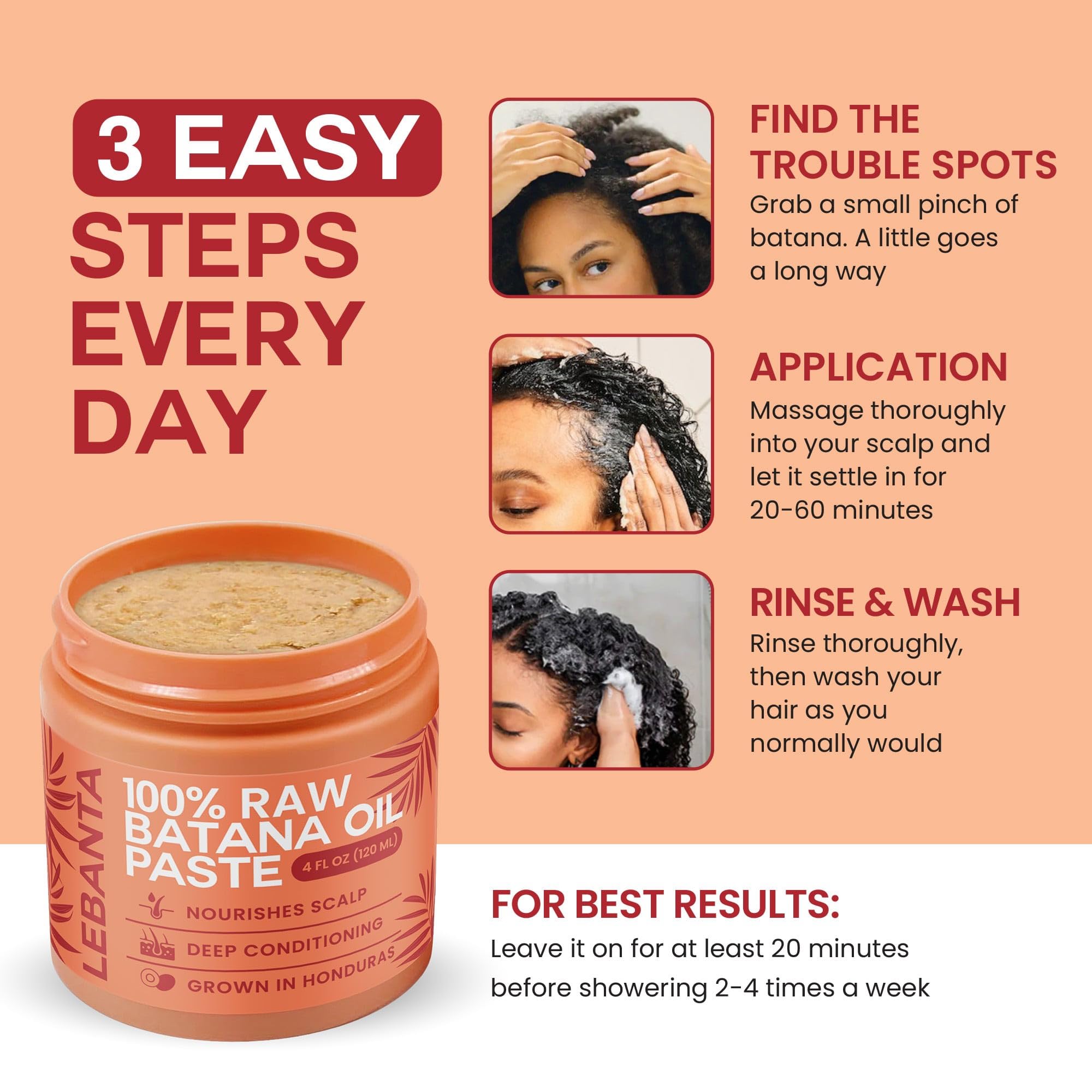 Lebanta Raw Batana Oil application steps image demonstrating easy 20-minute mask routine.