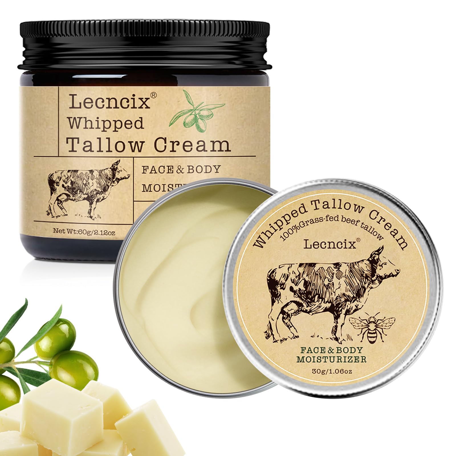 Lecncix beef tallow face moisturizer in a jar for daily hydration.