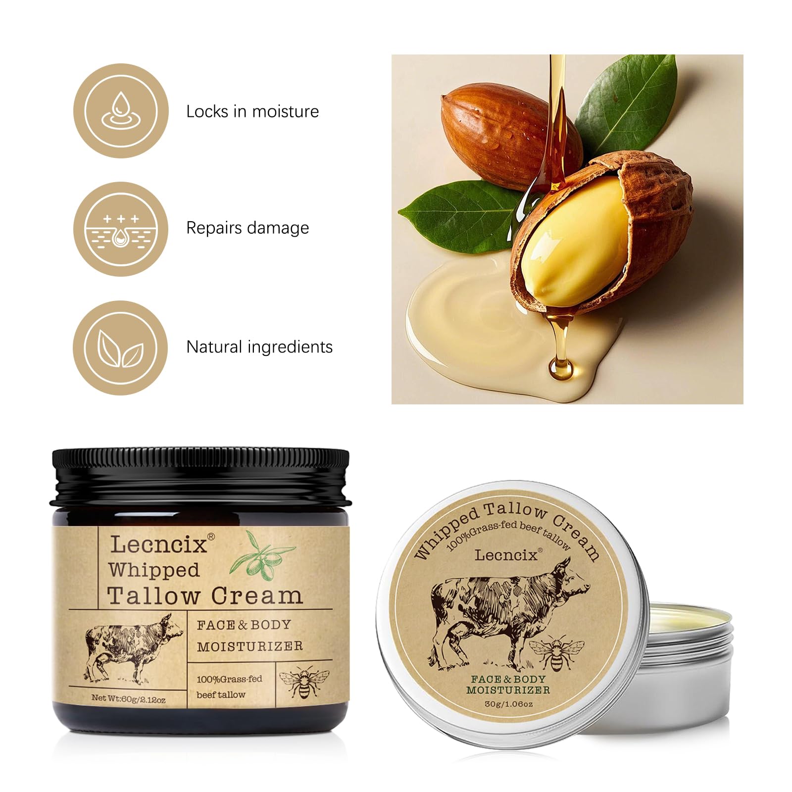 Lecncix grass-fed beef tallow balm texture ready for nourishing skin.
