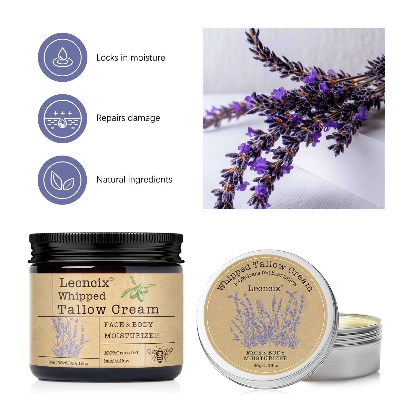 Lecncix beef tallow balm texture closeup highlighting quick absorption.