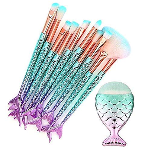 LEDeng Funfunman 11-piece mermaid color brush set for smooth makeup application.