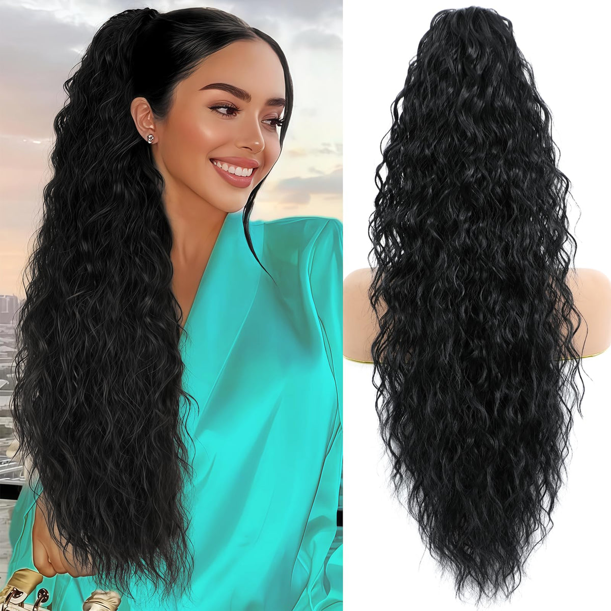 LEDIZE ponytail extension in long black wavy style with secure clip.