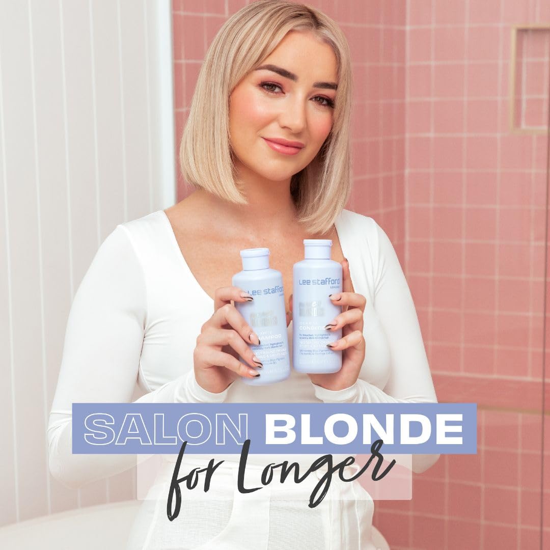 Bleached hair receiving a cool tone boost with Lee Stafford shampoo