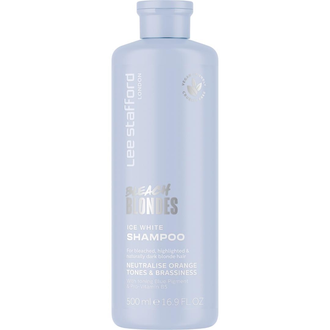 Lee Stafford Blue Toning Shampoo bottle pouring cools brassiness on bleached hair