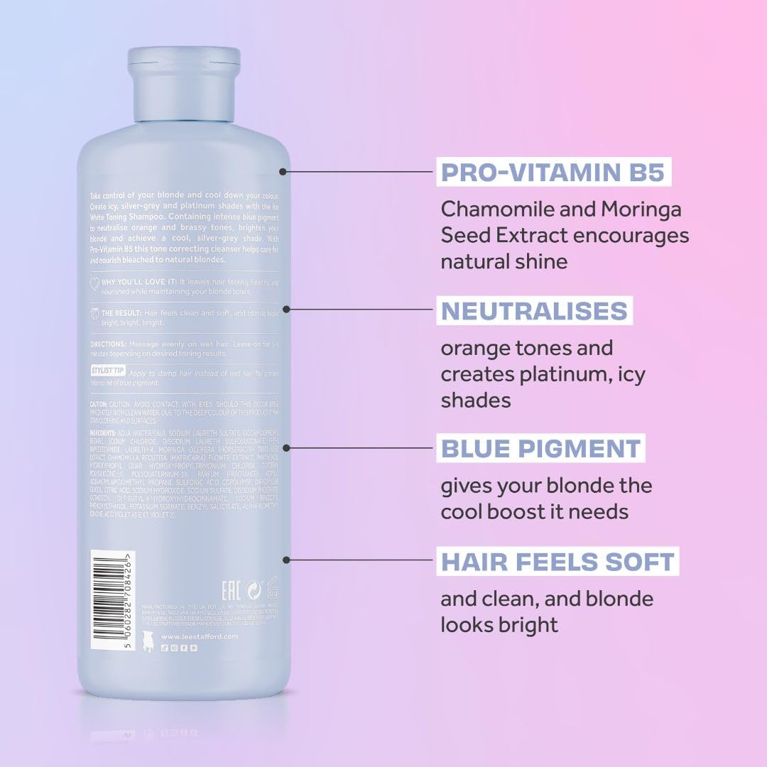 Close-up of blue pigments correcting orange brassiness in Lee Stafford shampoo
