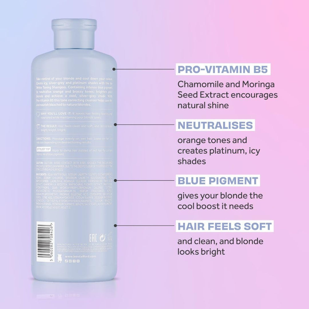 Close-up of blue pigments correcting orange brassiness in Lee Stafford shampoo