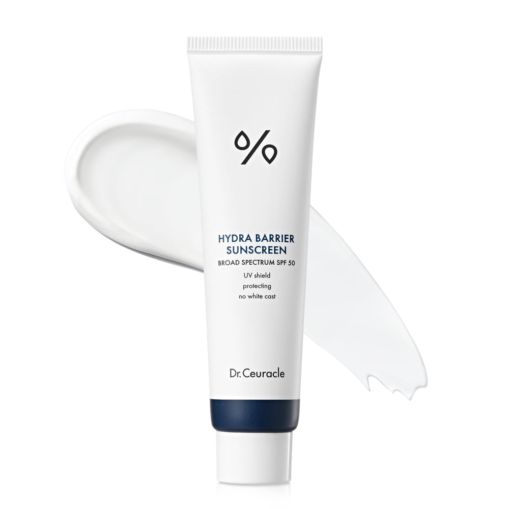 Leegeehaam Dr.Ceuracle Hydra Barrier sunscreen bottle provides broad SPF 50 and dewy glow.