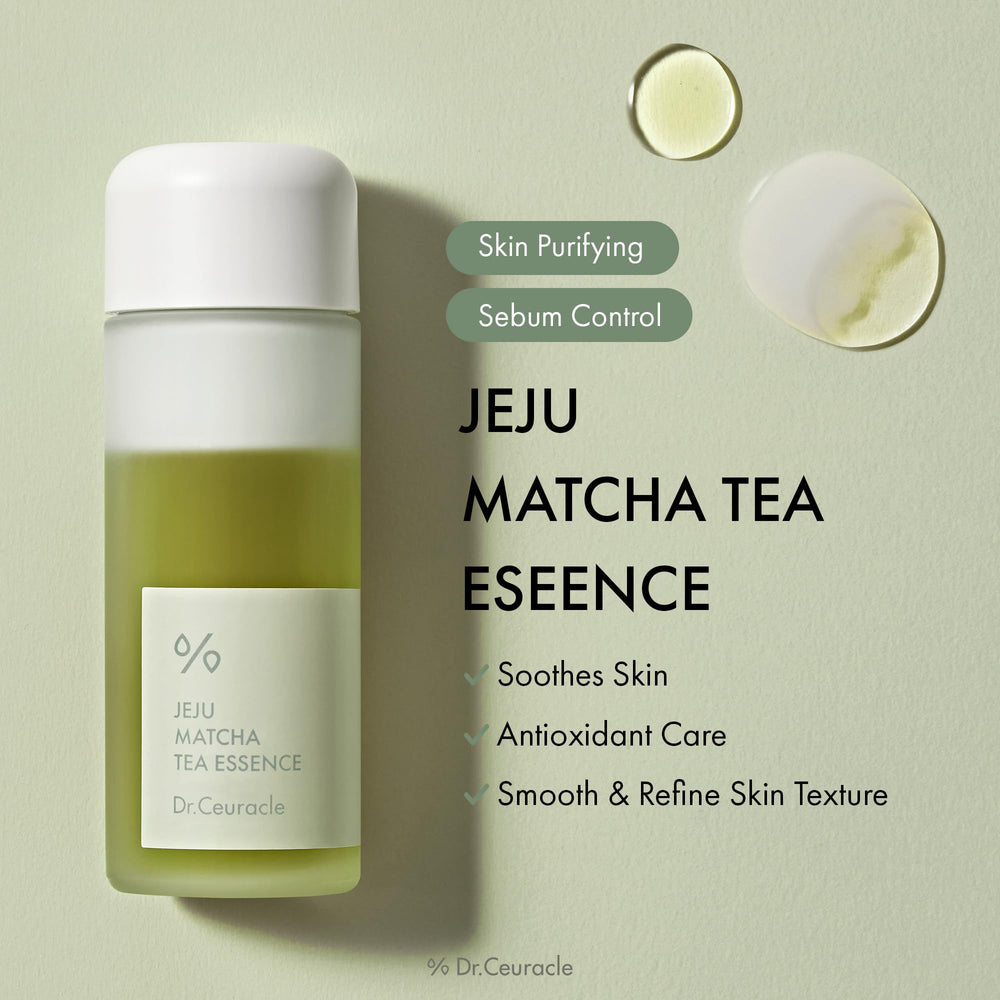 Milky swirl texture of the Leegeehaam Matcha Tea Essence for gentle hydration.