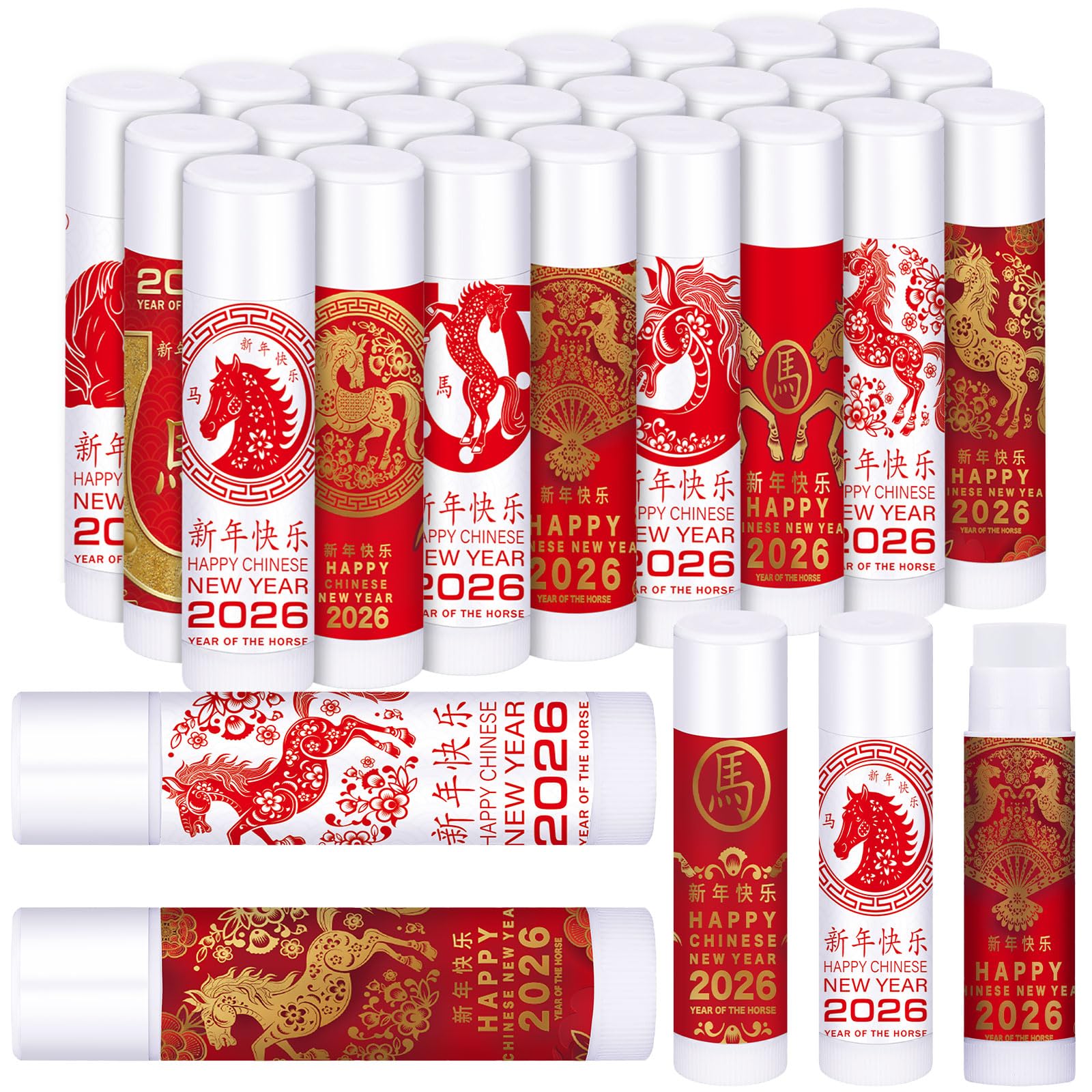 Leelosp Lunar New Year lip balm 24-pack with festive packaging, ideal for guest gifts.