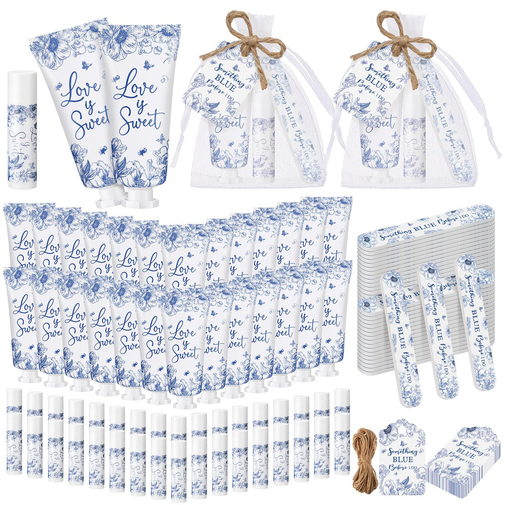 Leelosp hand cream close-up with blue floral design for bridal favors