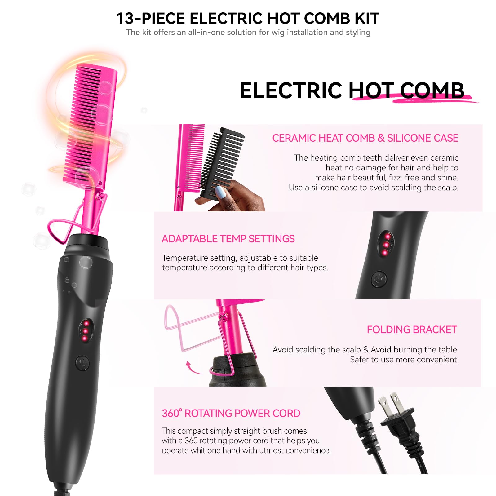 LEEONS ceramic hot comb teeth provide frizz-free shine during wig styling