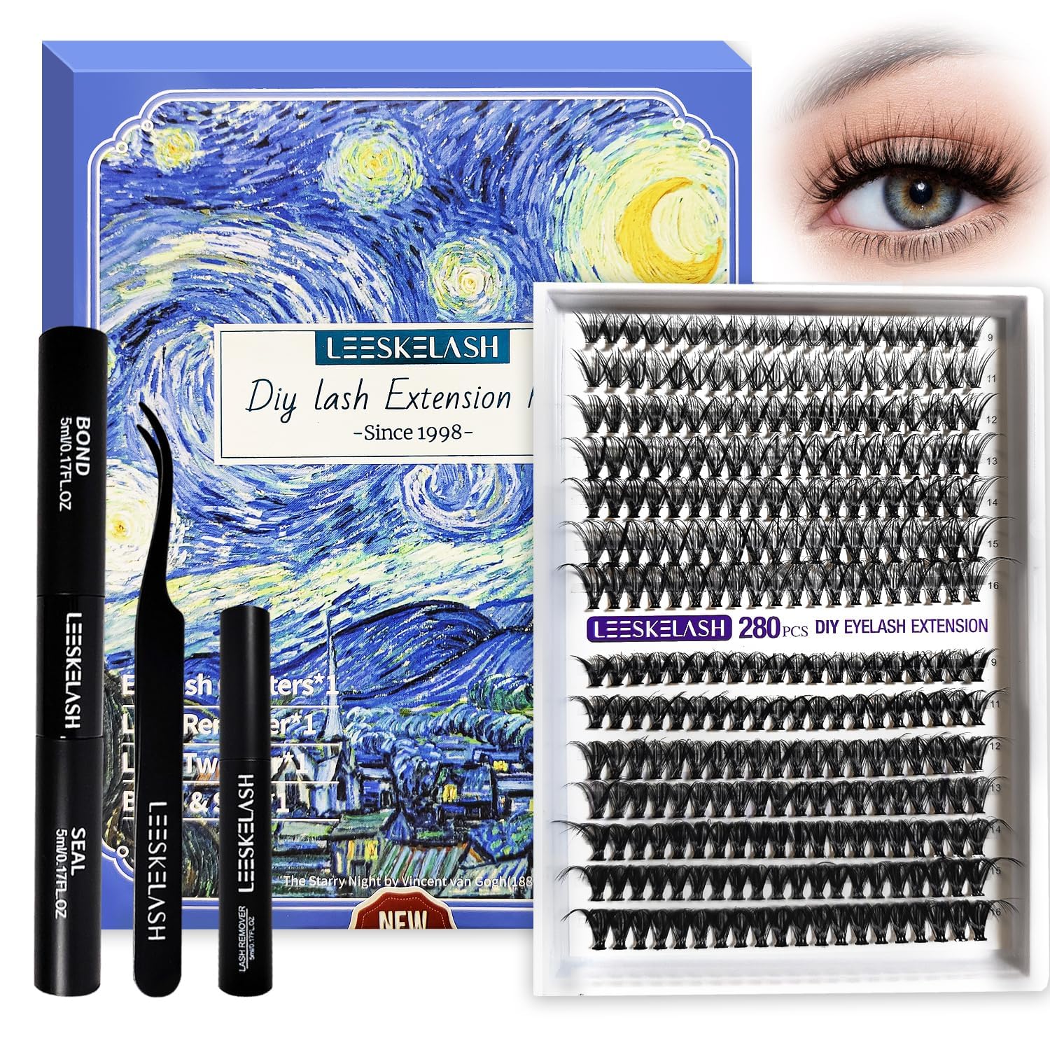 LEESKELASH lash clusters kit 280pcs 9-16mm for a fuller at-home look.