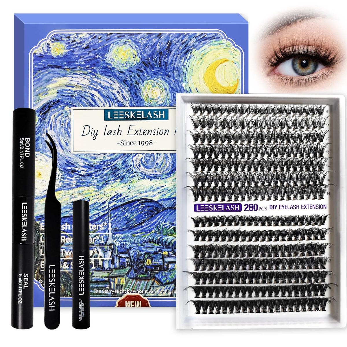 LEESKELASH lash clusters kit 280pcs 9-16mm for a fuller at-home look.