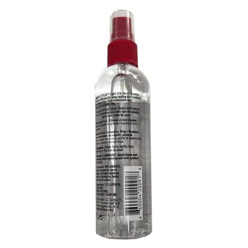 Close-up of LEVV1 Simply Stylin Light Silk Spray bottle showing silicone shield for smooth hair.