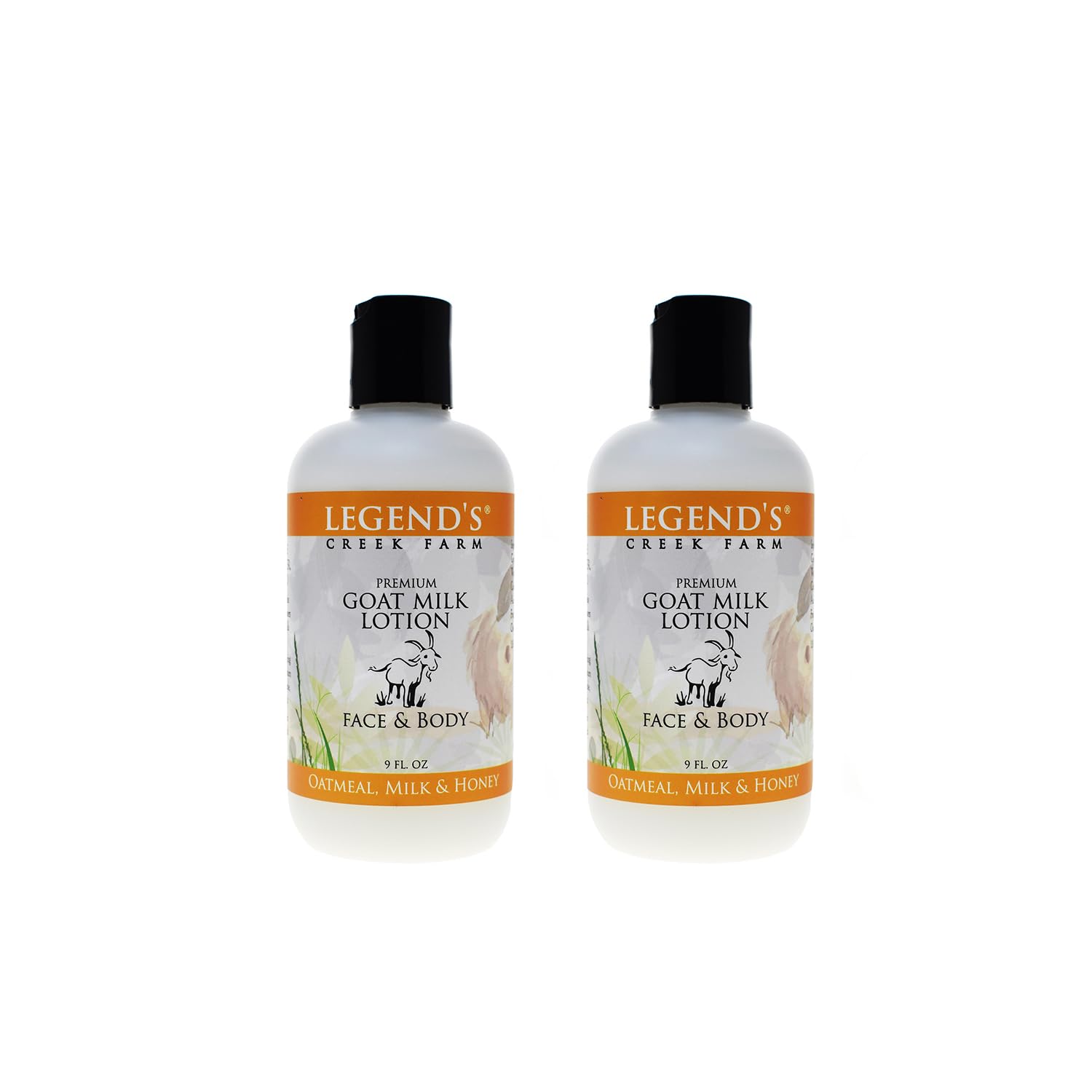 Legend's Creek Goat Milk Lotion bottle with oatmeal, milk and honey, deeply moisturizing for body and hands.