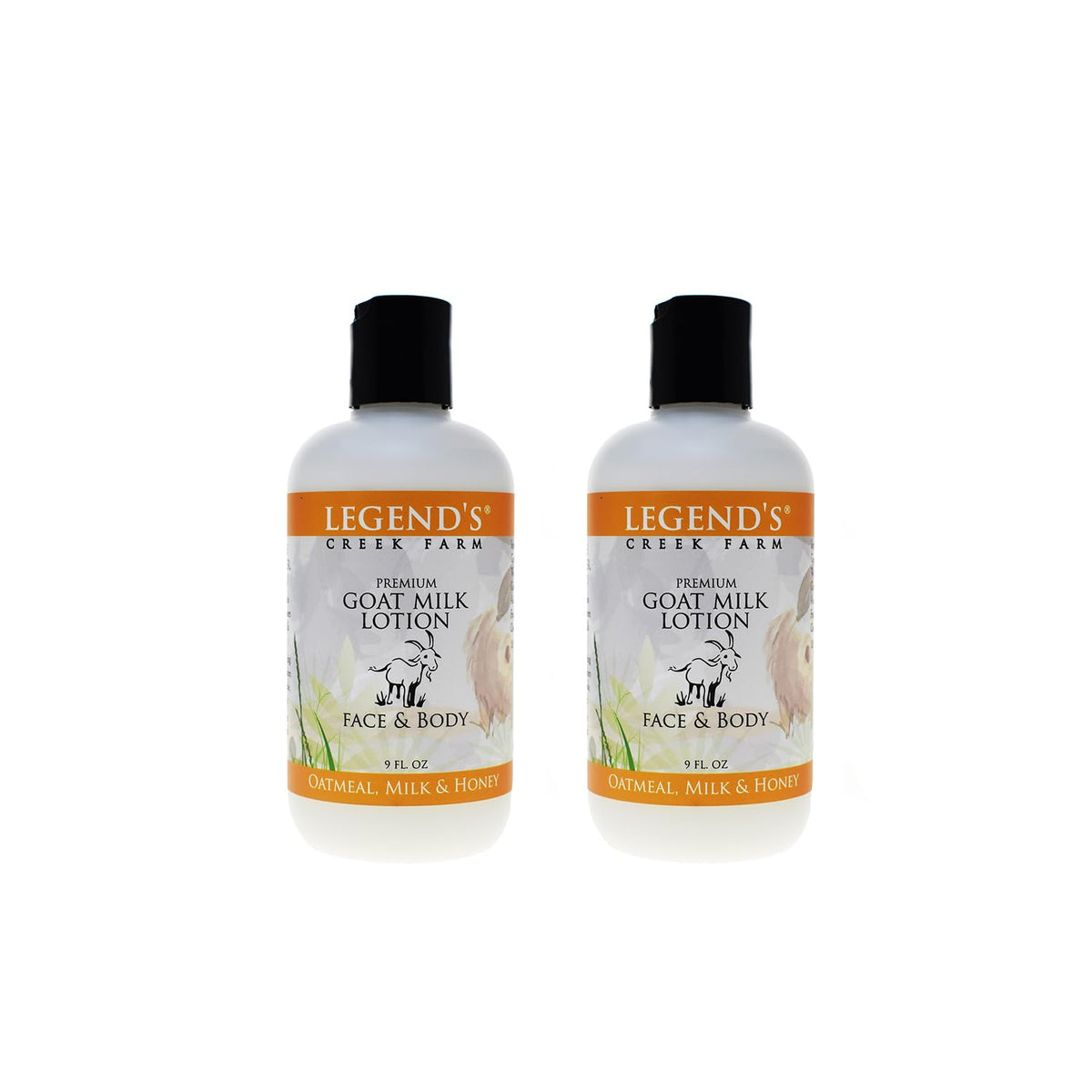 Legend's Creek Goat Milk Lotion bottle with oatmeal, milk and honey, deeply moisturizing for body and hands.