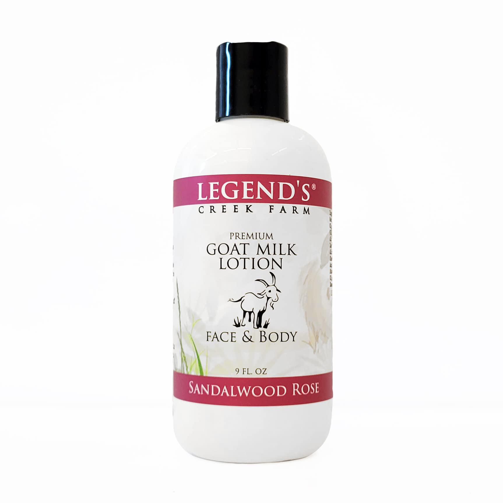 Legend's Creek Goat Milk Lotion bottle with sandalwood rose scent for smooth hydration