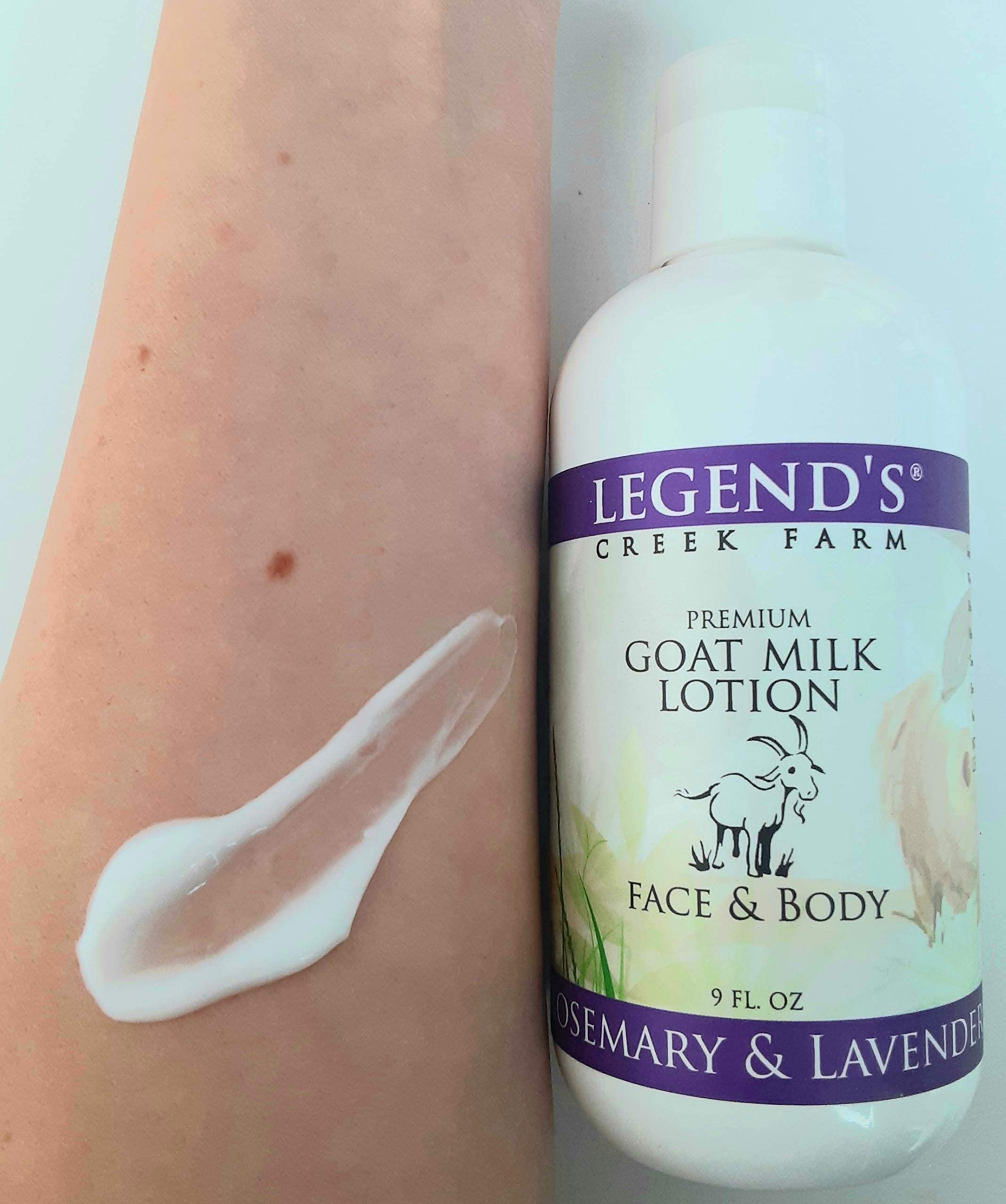 Legends Creek Goat Milk Lotion label highlights clean, cruelty-free ingredients for sensitive skin.