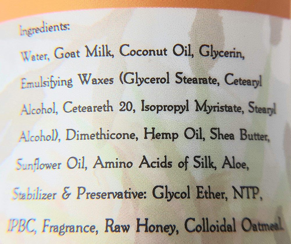 Legends Creek Goat Milk Lotion packaging back view emphasizes cruelty-free production.