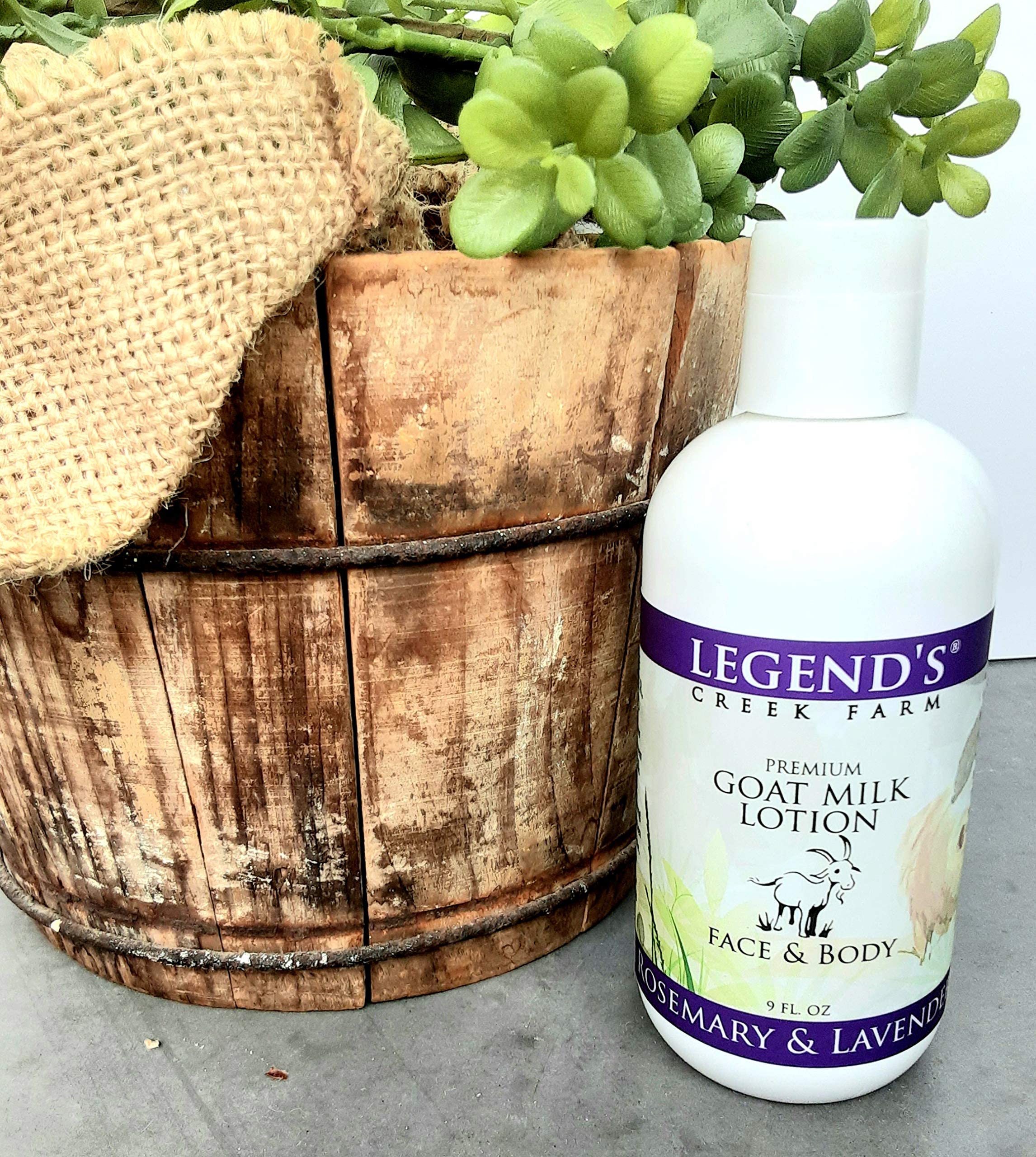 Legends Creek Goat Milk Lotion rosemary-lavender label evokes soothing scent.