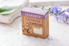 Legend's Creek Lavender Goat Milk Soap packaging close-up highlighting pure natural ingredients