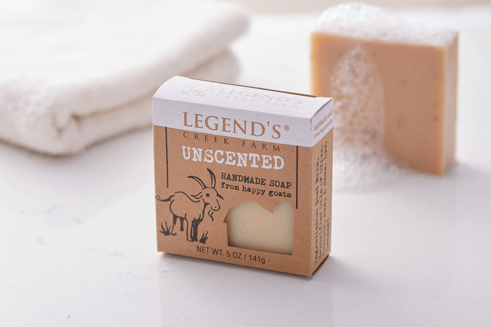 Legend's Creek unscented soap pack of 2 highlights fragrance-free skincare option.