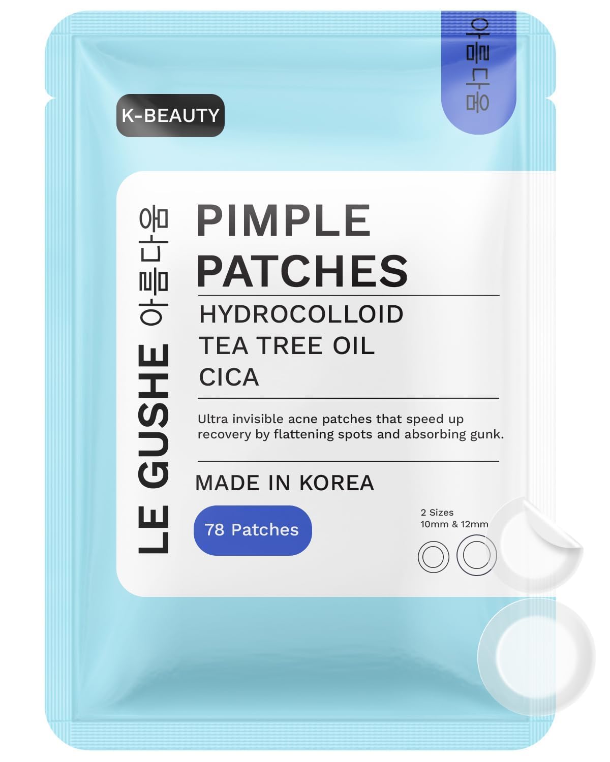 LE GUSHE Korean patches on skin for discreet acne care and overnight absorption.