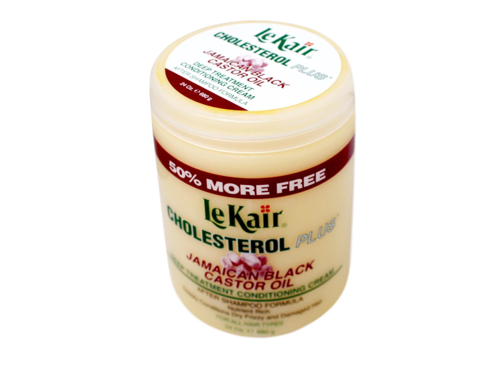 Label highlights Jamaican Black Castor Oil as a nourishing ingredient on LeKair.