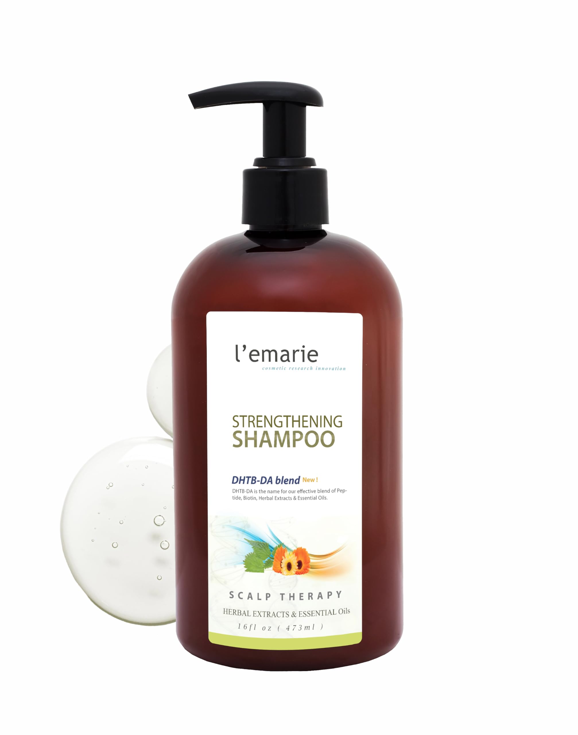 L'emarie label close-up highlighting biotin and DHT-blocker ingredients