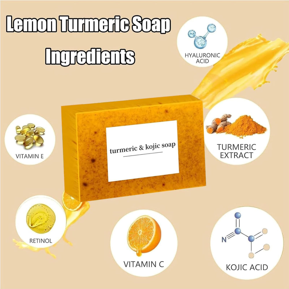Lemon Turmeric Kojic Soap exfoliation particles closeup for smoother skin.