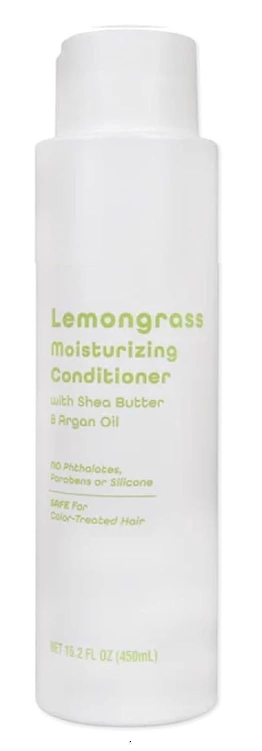 Lemongrass moisturizing conditioner back-pack image shows large 450 ml size for easy at-home use.