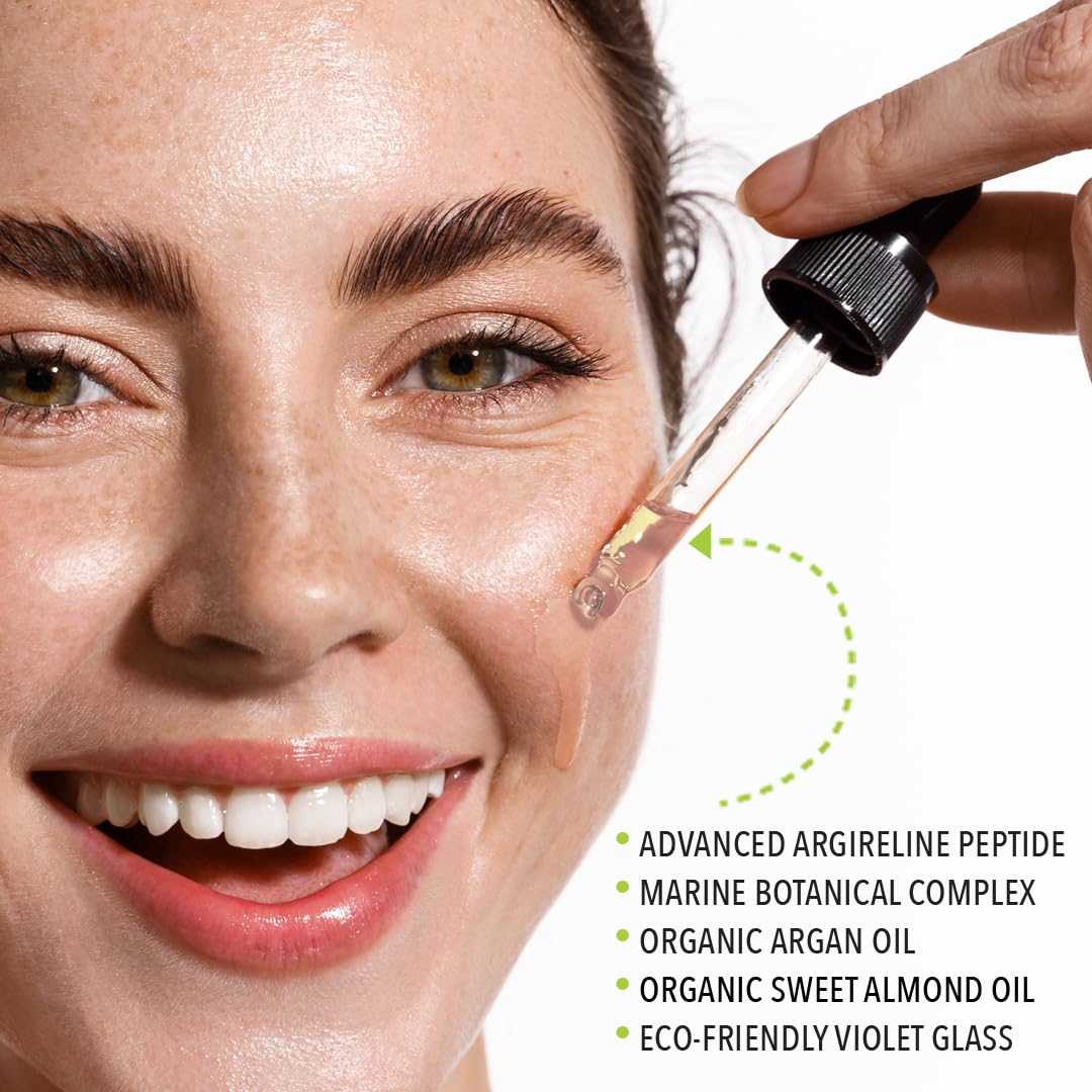 Lemyn Organics Argireline Youth Peptide serum dropper demonstrates precise application for targeted hydration.