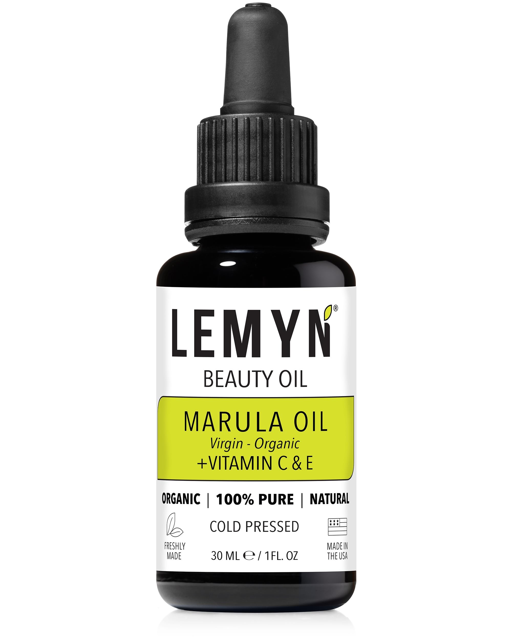 Lemyn Organics Virgin Marula Oil bottle shown for deep hydration and radiant skin