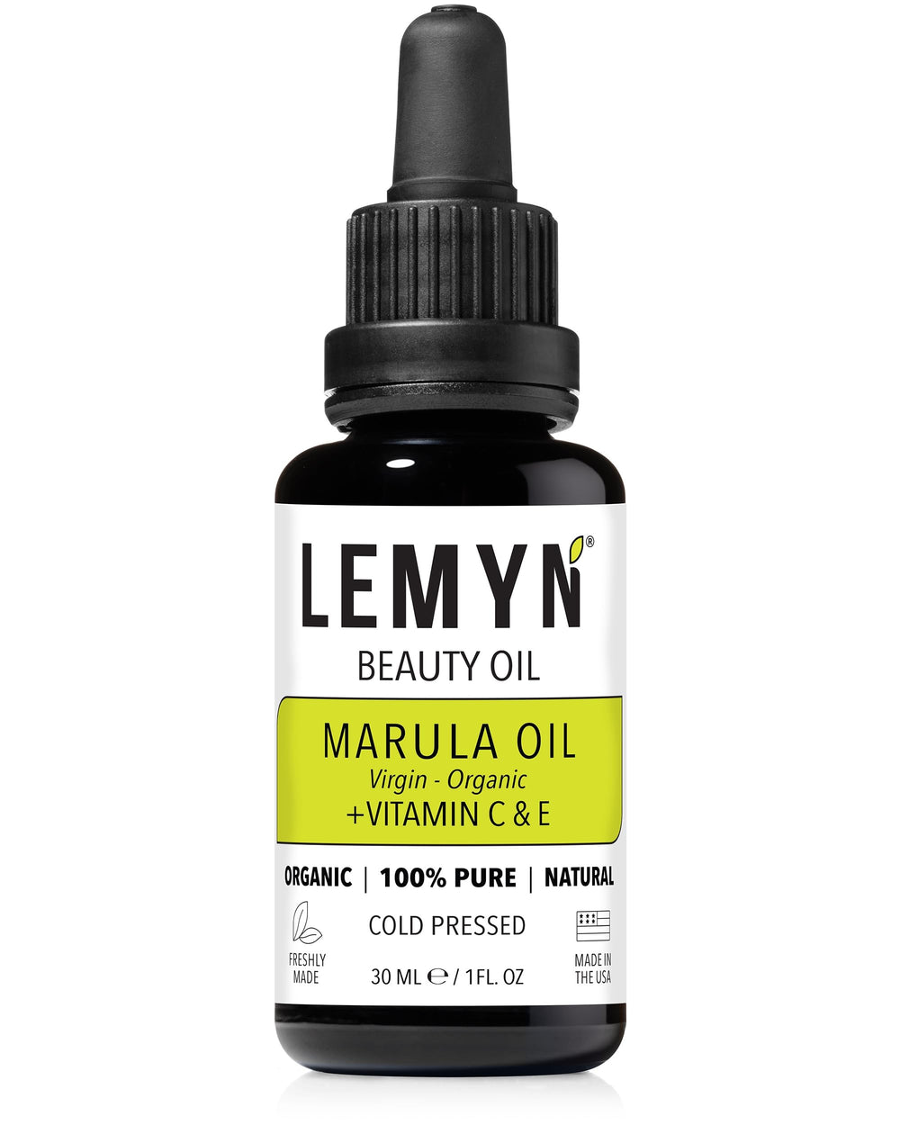 Lemyn Organics Virgin Marula Oil bottle shown for deep hydration and radiant skin