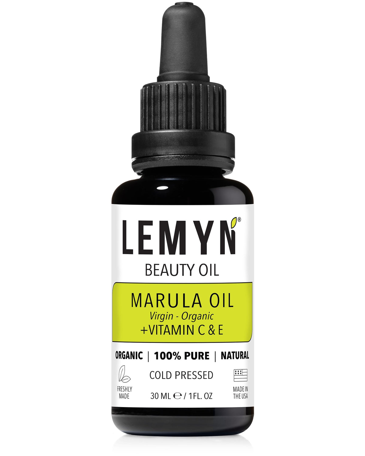 Lemyn Organics Virgin Marula Oil bottle shown for deep hydration and radiant skin