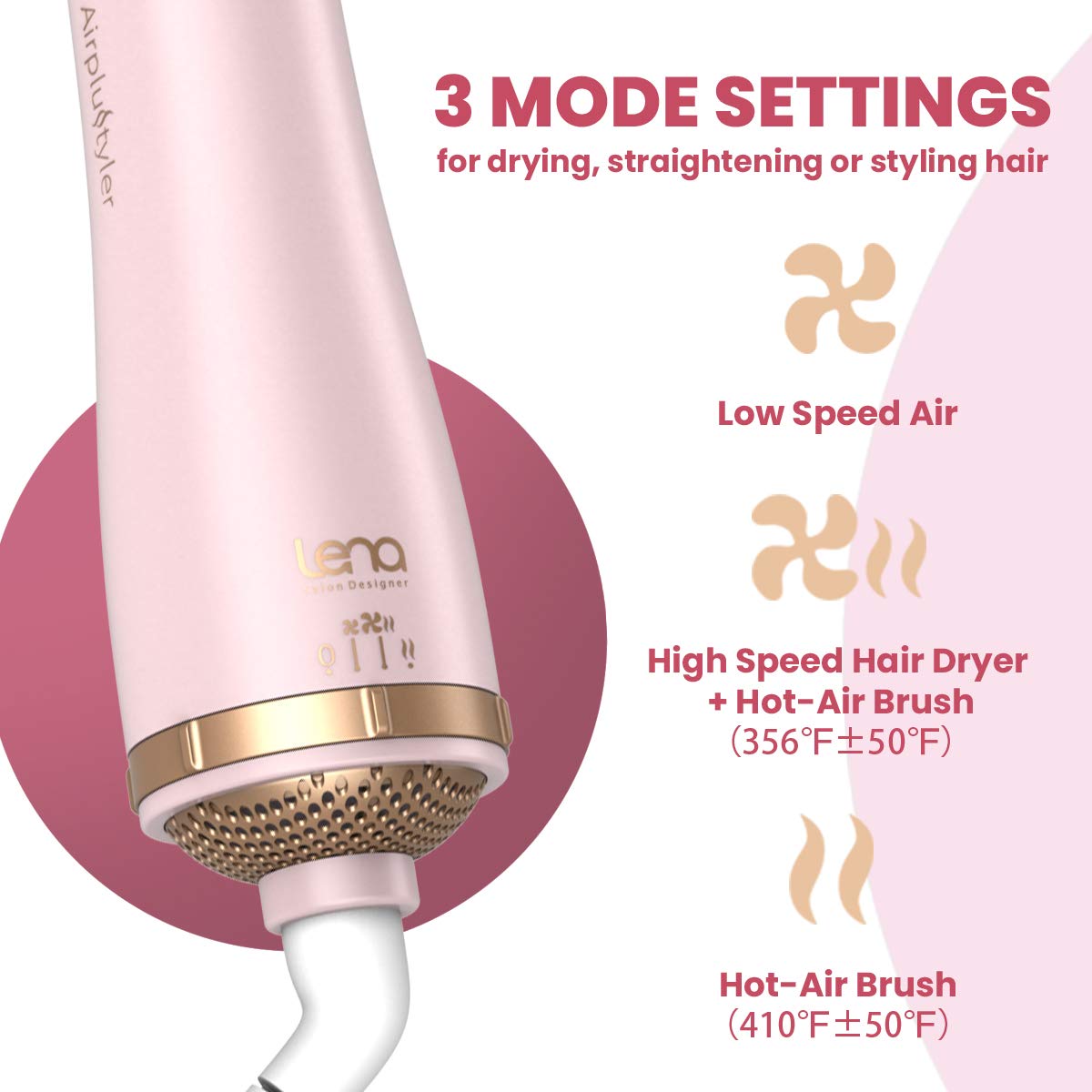 LENA Hair Straightener Brush Dryer Pink ionic care technology for smoother hair
