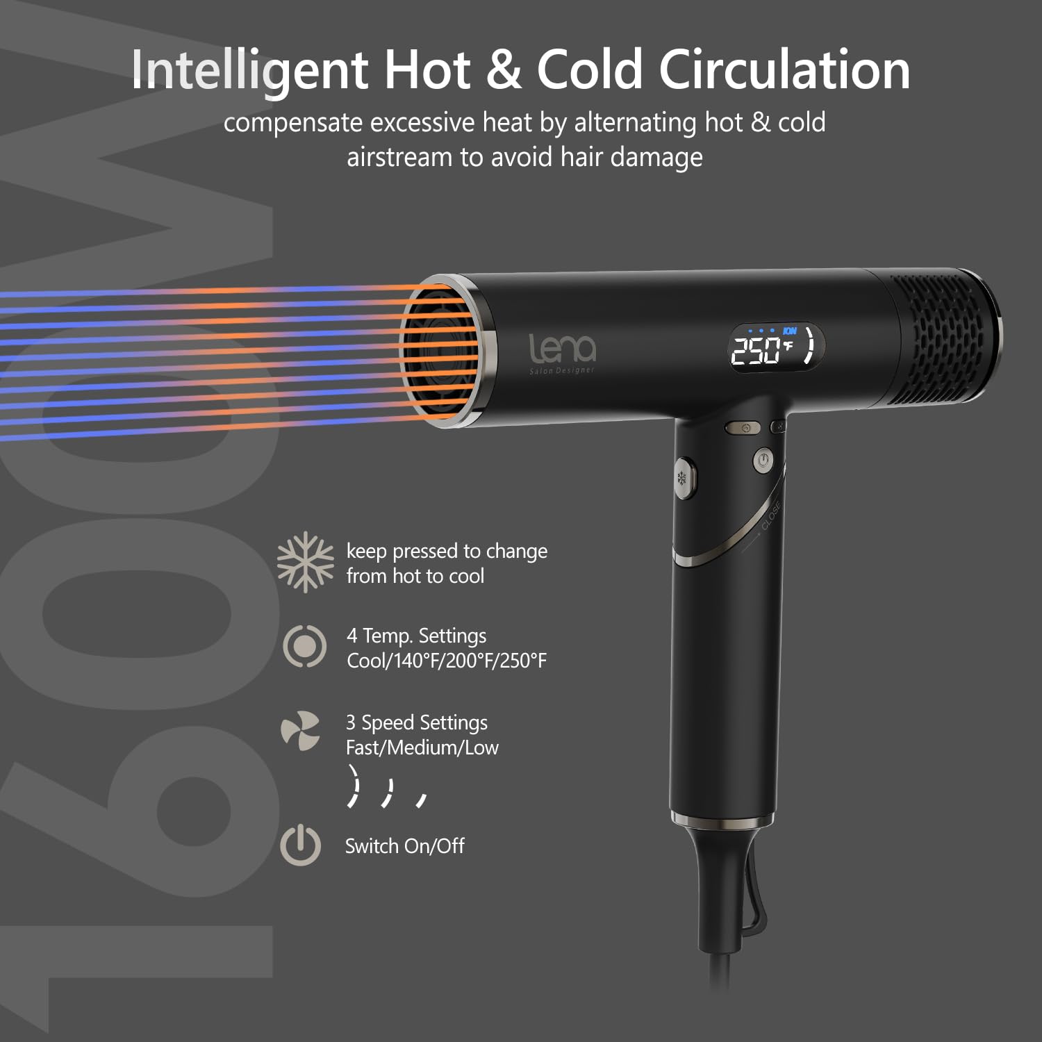 LENA travel hair dryer LED display offers quick, intuitive setting visibility.