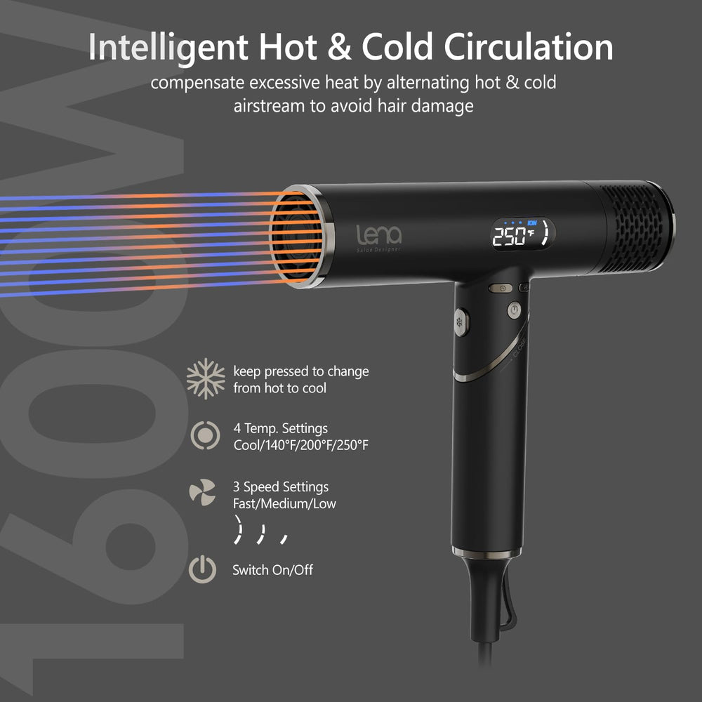 LENA travel hair dryer LED display offers quick, intuitive setting visibility.